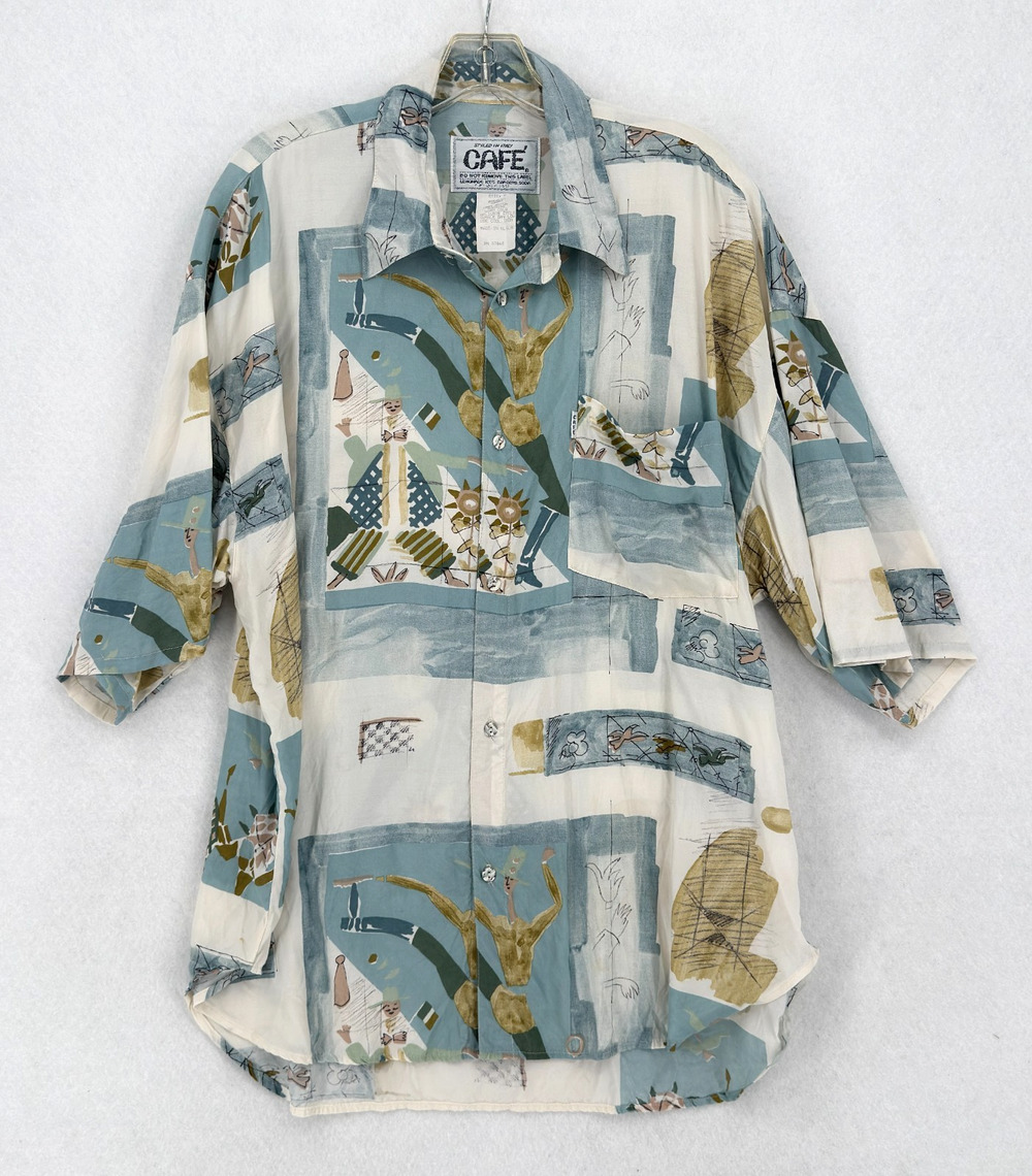 Vintage CAFE Mens Abstract Artsy Graphic Short Sleeve Camp Shirt Sz US XL